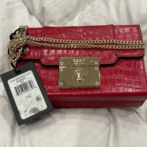 DKNY Lilian Croc Mini Box Leather Chain Satchel Crossbody